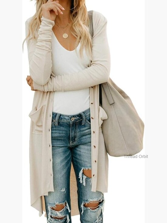 Sweaters - Long Sleeve V-Neck Open Front Cardigan with Pockets High Low Hem